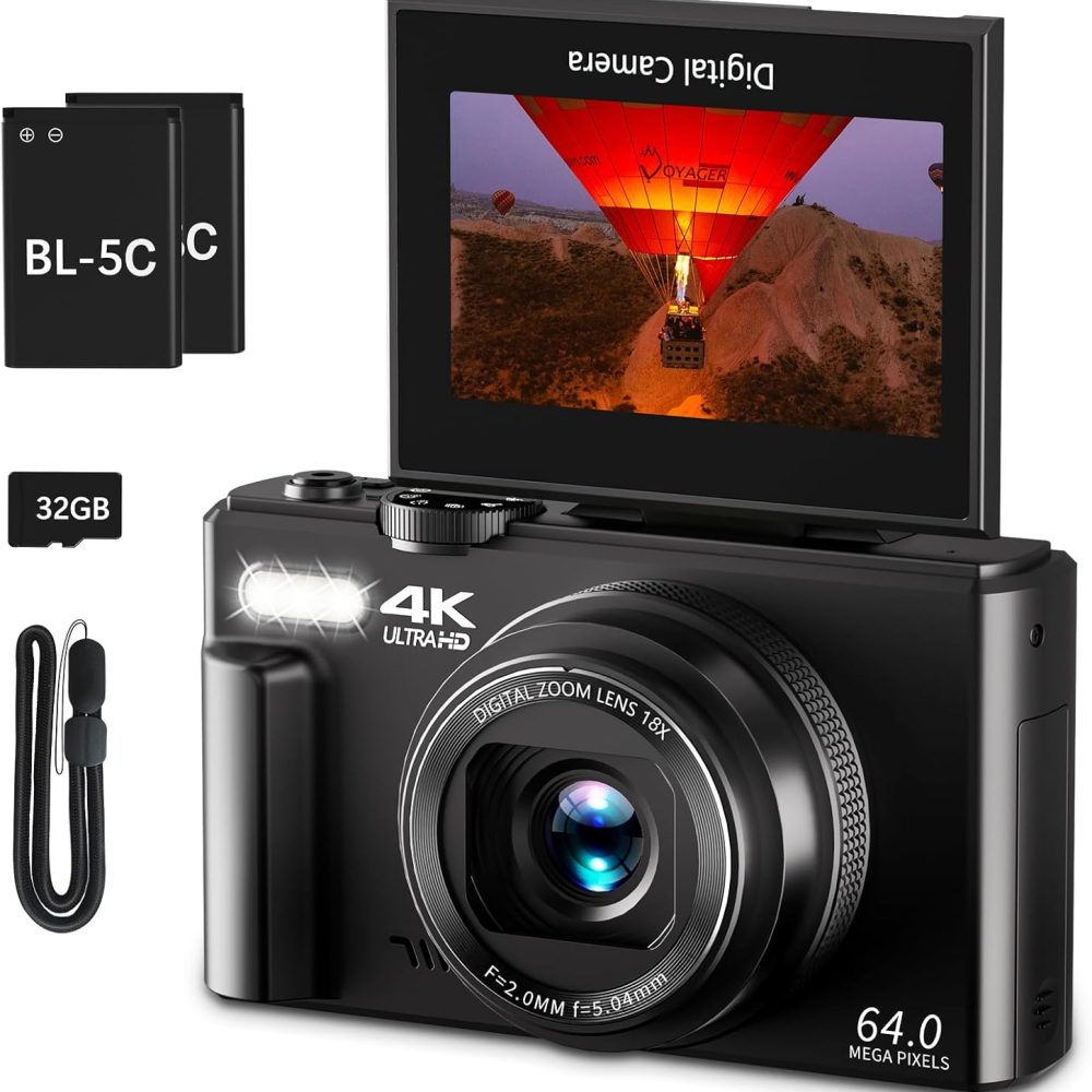 4K Digital Camera for Photography, 64MP Vlogging Camera for YouTube with 3" 180° Flip Screen, 18X Digital Zoom Point and Shoot Camara with 32GB Micro SD Card for Beginner (Black)